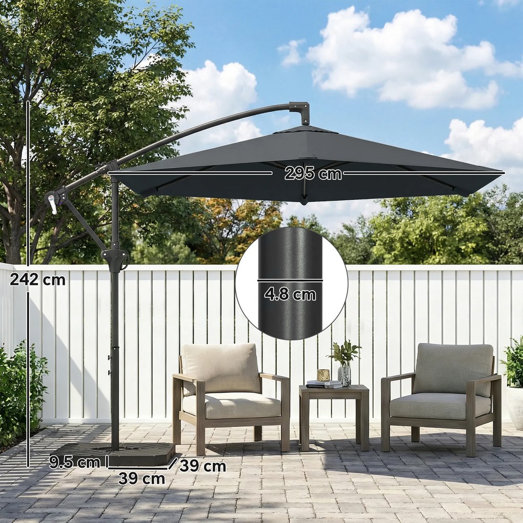 Outsunny Umbrelă de Grădină Offset 3x3 m, Umbrelă de Exterior cu Greutăți Reumplibile, Bază în Formă de Cruce, Sistem de Blocare, Manivelă, pentru Piscină Terasă, UV 30+, Gri Închis | Aosom Romania