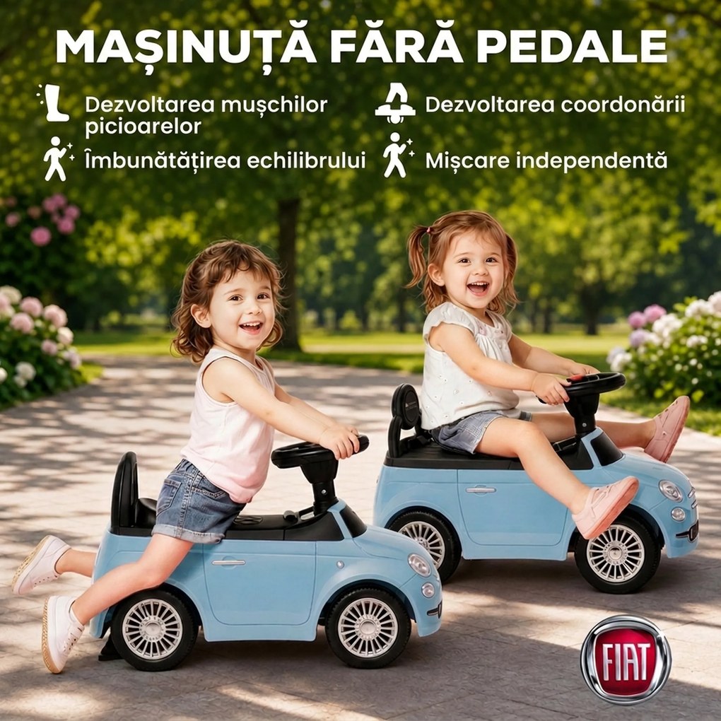 AIYAPLAY Mașinuță de Împins pentru Copii cu Licență Fiat, Muzică, Claxon, Anti-Răsturnare și PP, Albastru | Aosom Romania