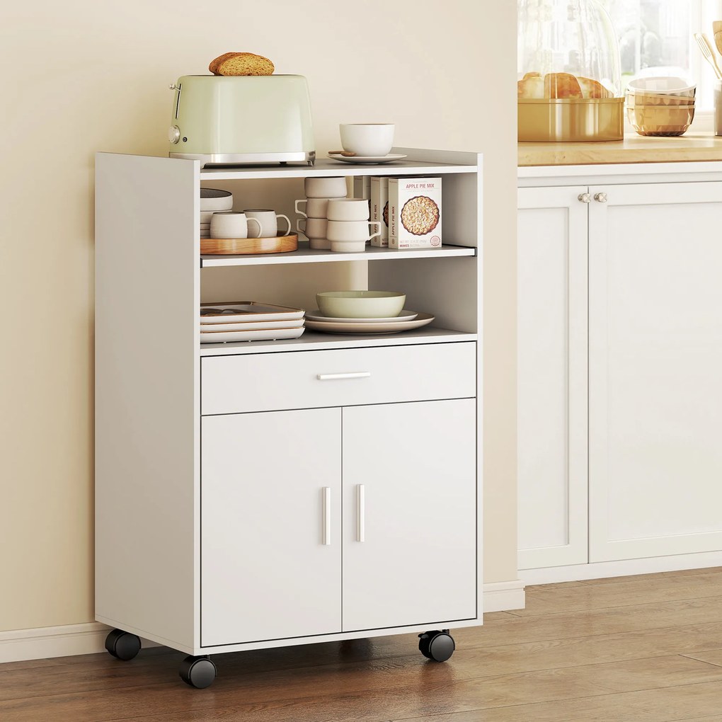 HOMCOM Dulap pentru cuptor cu microunde, raft, dulap cu uși duble, sertar, role, Alb | Aosom Romania