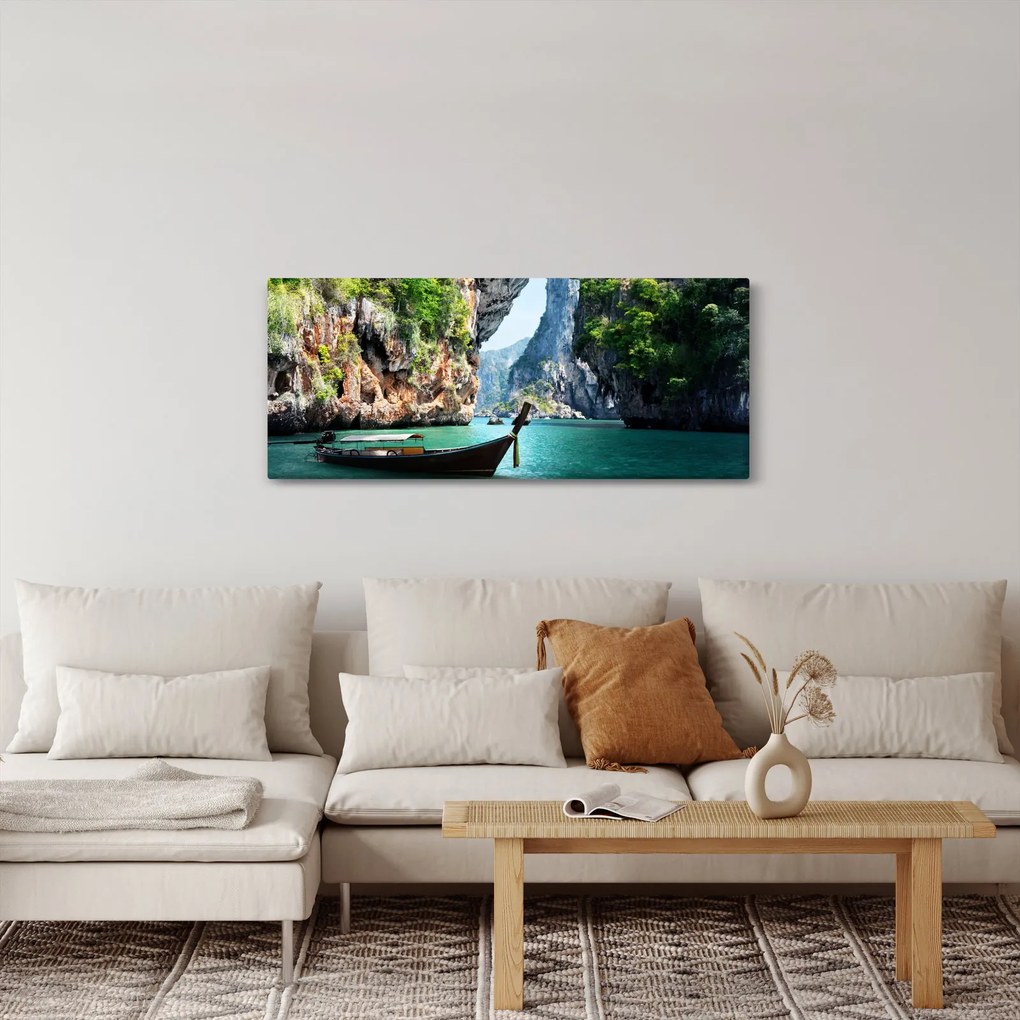 Tablou - Apă peisaj mediteranean cu barca (120x50 cm)