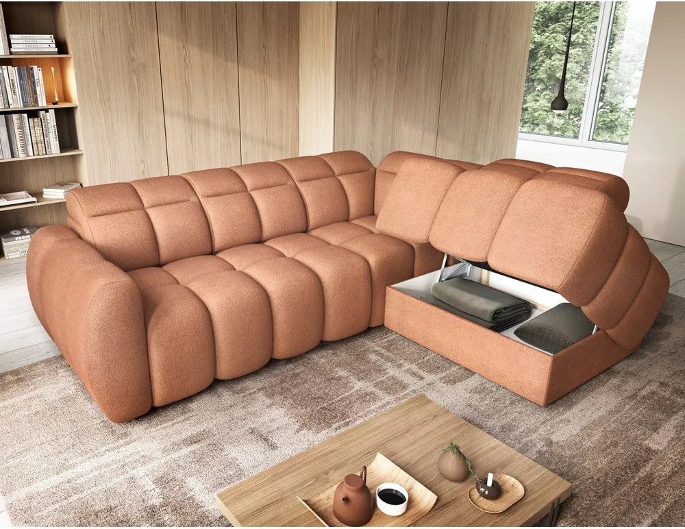 Colțar somon extensibil/cu spațiu de depozitare cu tapițerie din țesătură bouclé (cu colț pe partea dreaptă/în formă de ”L”) Falconn – ELTAP