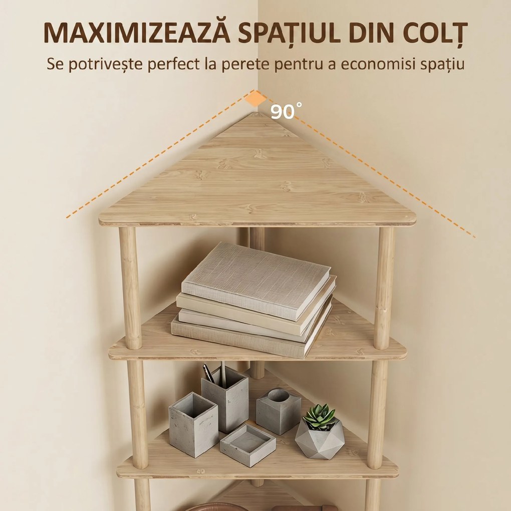 HOMCOM Etajeră de Colț din Bambus cu 5 Rafturi, pentru Casă, Finisaj Natural | Aosom Romania