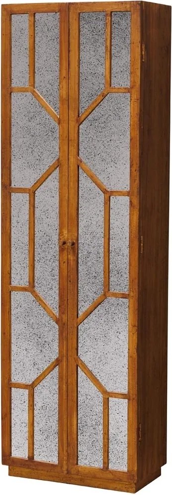 Bibliotecă cu uși vintage din lemn de mango, maro, cu 4 rafturi, 2 uși cu oglinzi antichizate și model geometric, 195 x 60 x 33 cm, „Odette”