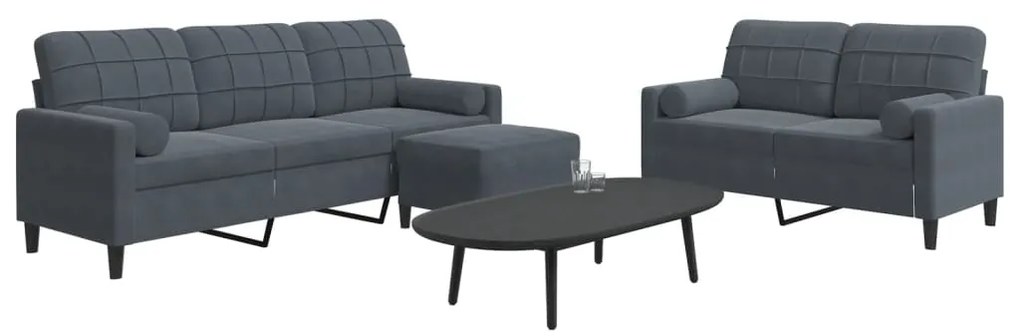 vidaXL Set de canapele cu perne/rulouri, 3 piese, gri închis, catifea