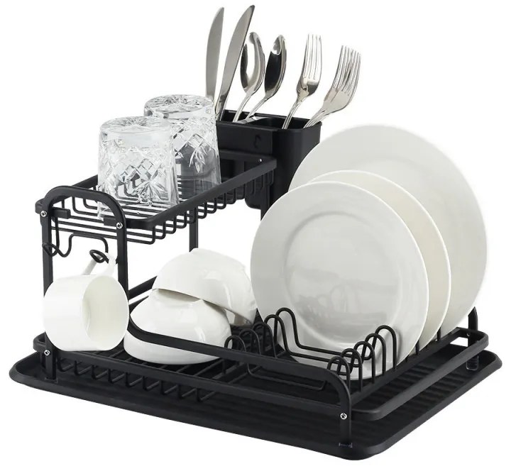 Uscător de vase Luigi Ferrero FR-4028AD, 43x38.5x22 cm, 2 niveluri, Tavă de scurgere, Antiderapant, Suporturi, Negru