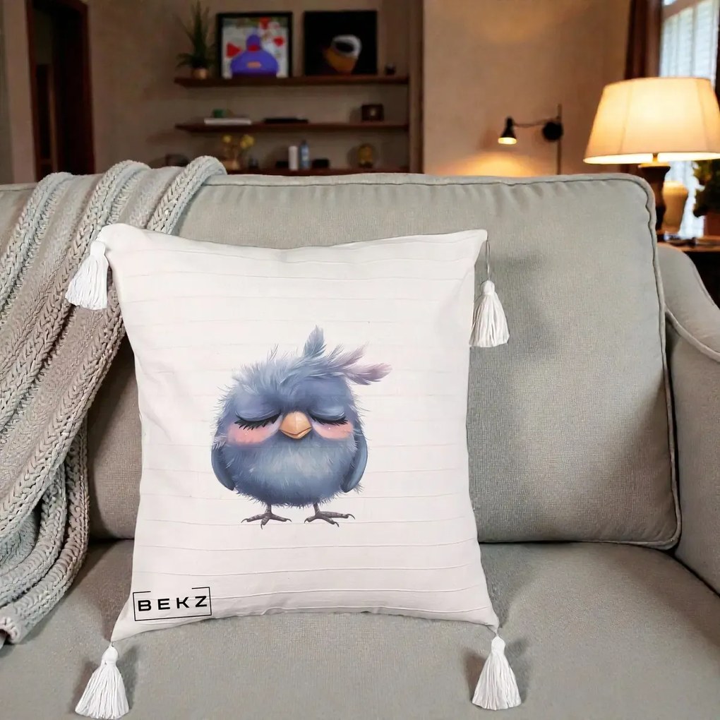 Perna Decorativa Pui Adormit Albastru, 40x40 cm, Bej cu Franjuri, Husa Detasabila, Perna Inclusa, BEKZ®