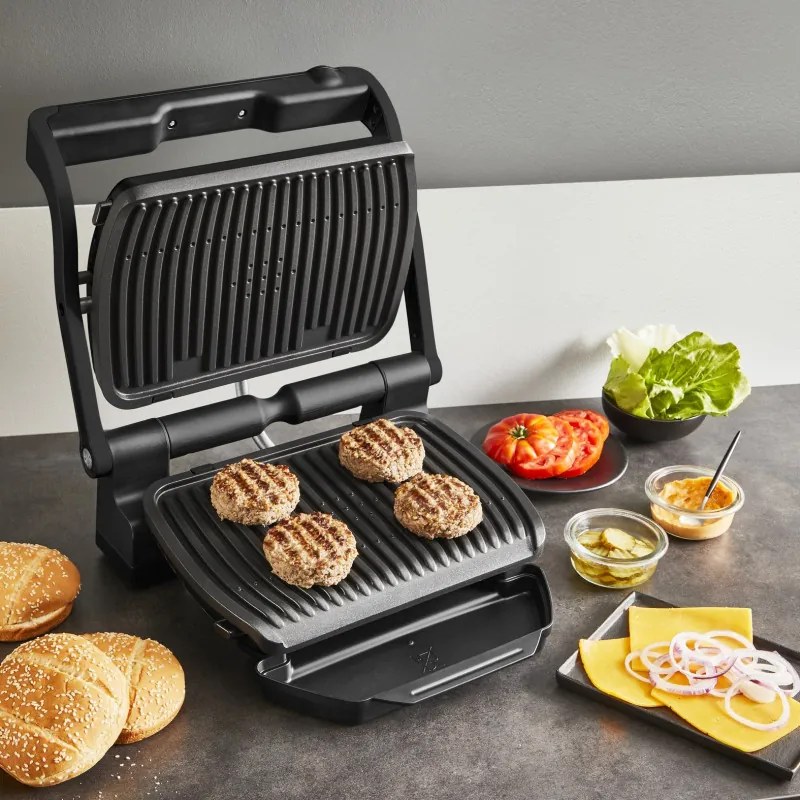 Gratar electric Tefal OptiGrill+ GC717810, 2000W, 6 programe, Acoperire antiaderenta Teflon, Ecran tactil, Smart grill, Max 240C, Negru