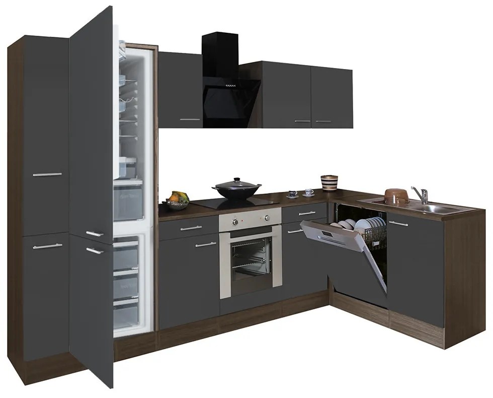 Mobilă de bucătărie de colț Yorki 310, corp din stejar Yorki, față antracit satinat cu element cuptor inferior, dulap frigider cu dedurizator de apă inferior