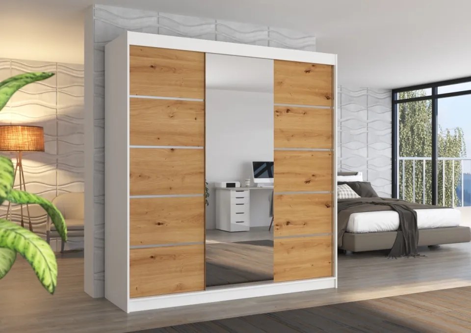 Dulap cu usi glisante si oglinda 200x215 cm, Bergen, ADRK Furniture (Culoare: Sonoma)