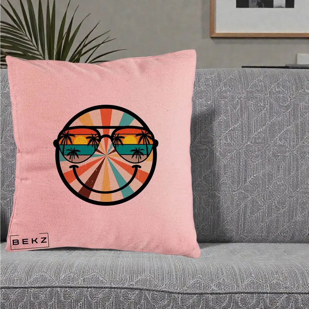 Perna Decorativa Smiley Face Retro Sunset Palmieri, 40x40 cm, Roz, Husa Detasabila, Perna Inclusa, BEKZ®