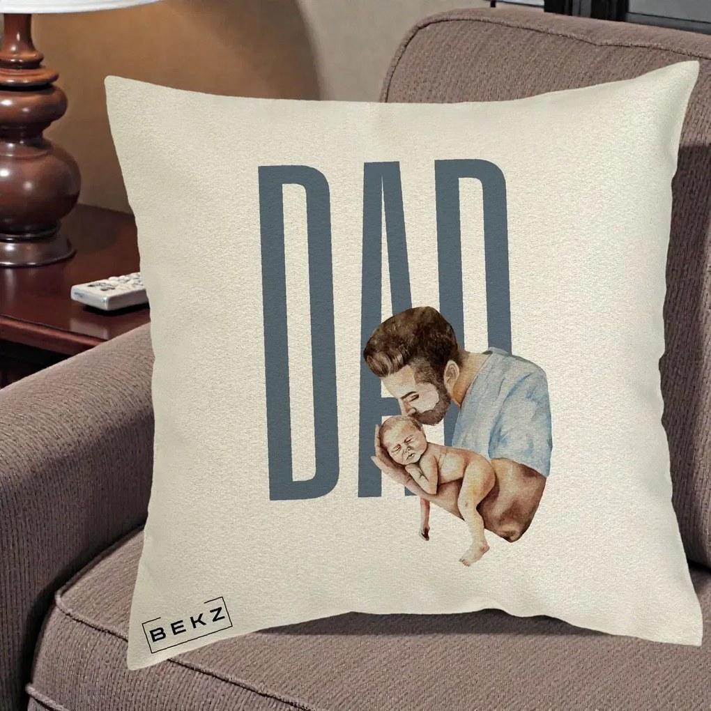 Cadou pentru Tata - Perna Personalizata DAD Tata si Nou-Nascut, 40x40 cm, Ecru, Husa Detasabila, Perna Inclusa, BEKZ®