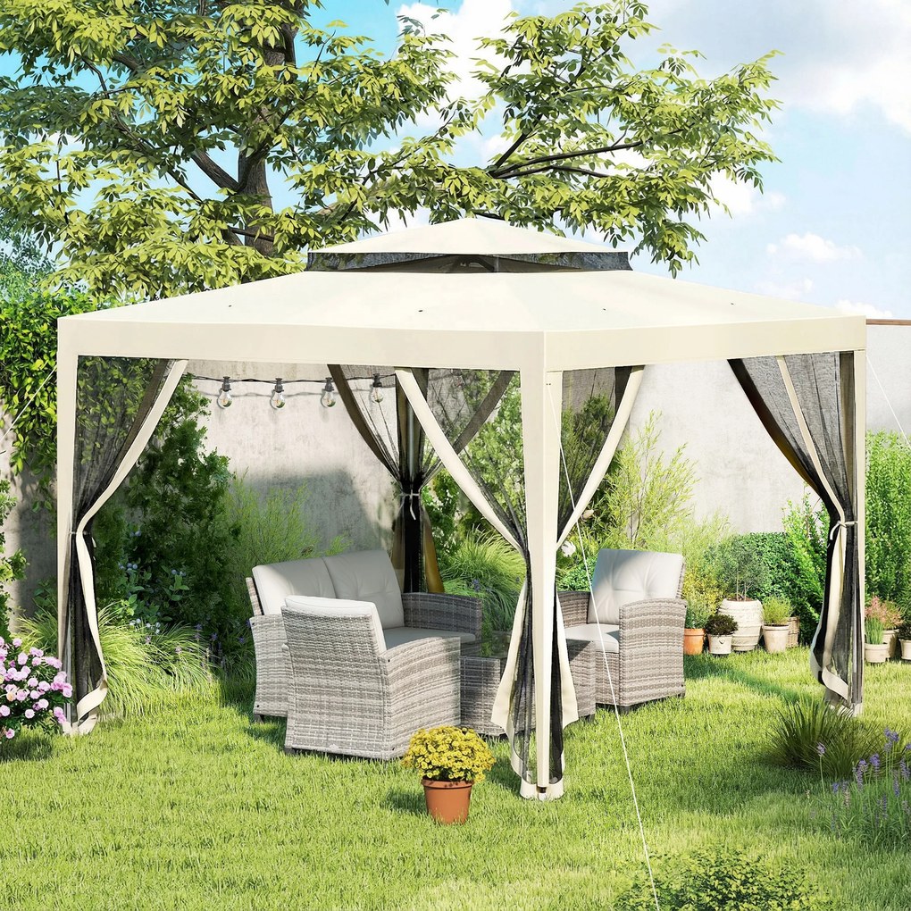 Outsunny Foisor de Gradina cu Plasa de Tantari, Foisor 3x3 m cu Acoperis Dublu si Cadru din Metal, Bej