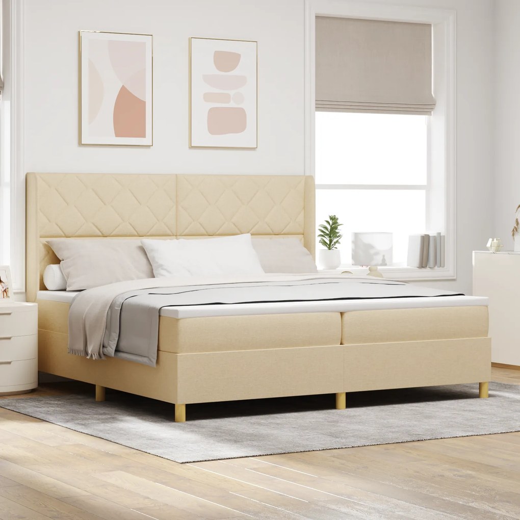 vidaXL Pat box spring cu saltea &amp; LED, crem, 200x200 cm, textil