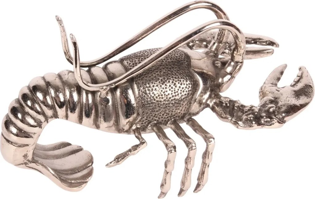 Suport pentru sticlă de vin din aluminiu reciclat, argintiu, homar decorativ, decor marin, finisaj lucios, 21 x 41 x 22 cm, „Homard”