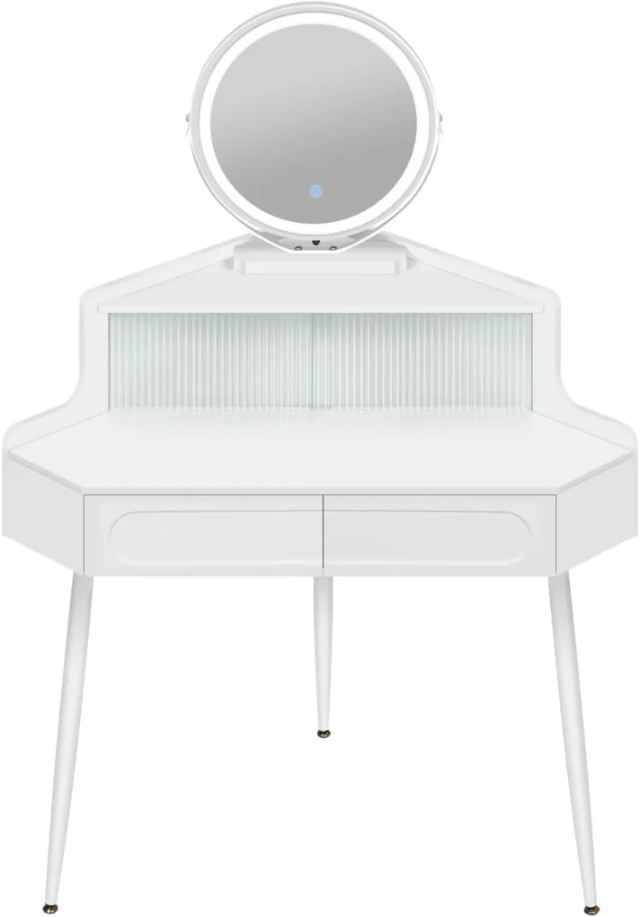 SEA493 - Set Masa toaleta 90 cm pentru colt, cosmetica machiaj, oglinda cu LED, masuta vanity - Alb