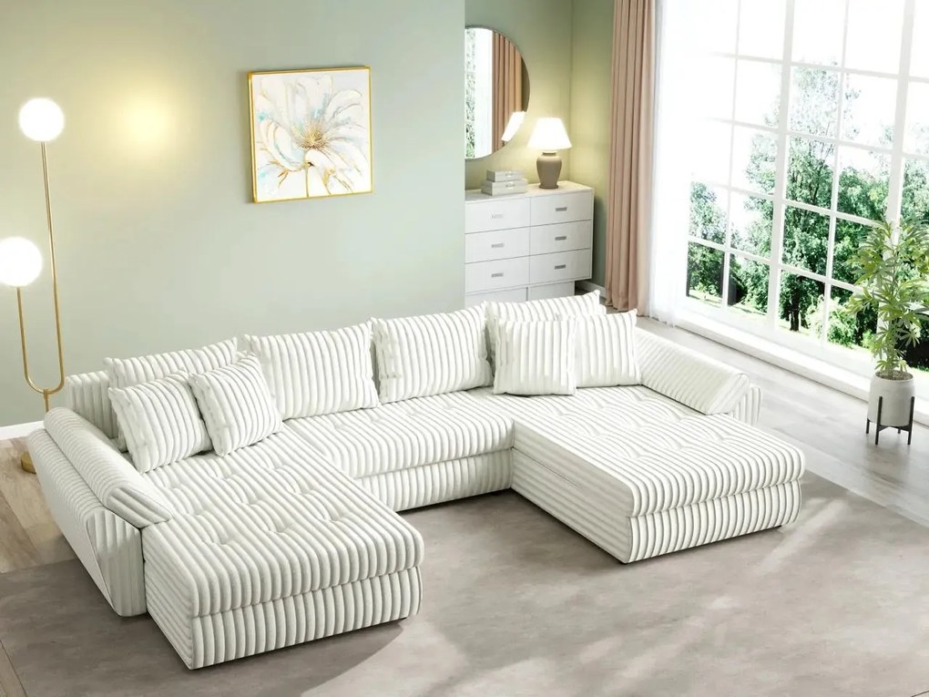 Colțar extensibil dumonde cu ladă de depozitare si sezut confortabil din spuma high-density, Loana U Ambience Ivory 355x185 cm