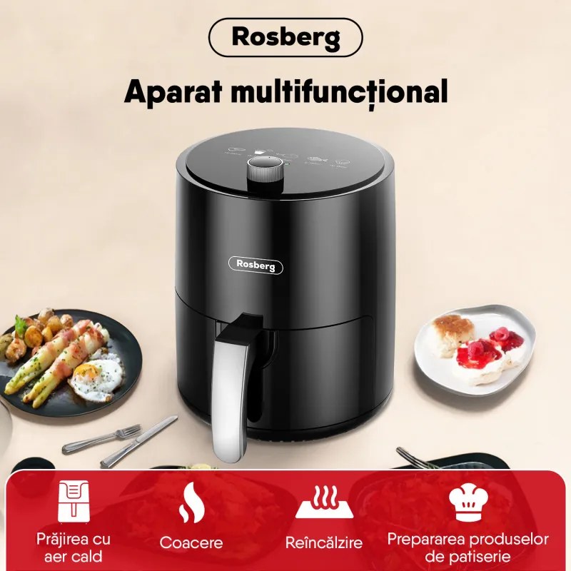 Friteuza cu aer cald AirFryer Rosberg R51980Y, 1200 W, 2.5 L, Timer, Pana la 200°C, Negru