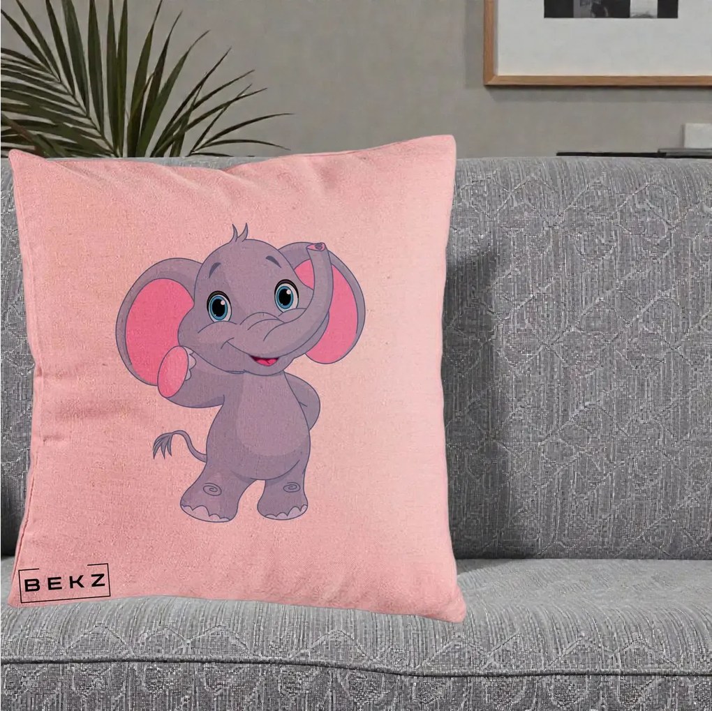 Perna Decorativa Pui de Elefant Kawaii, 40x40 cm, Roz, Husa Detasabila, Perna Inclusa, BEKZ®
