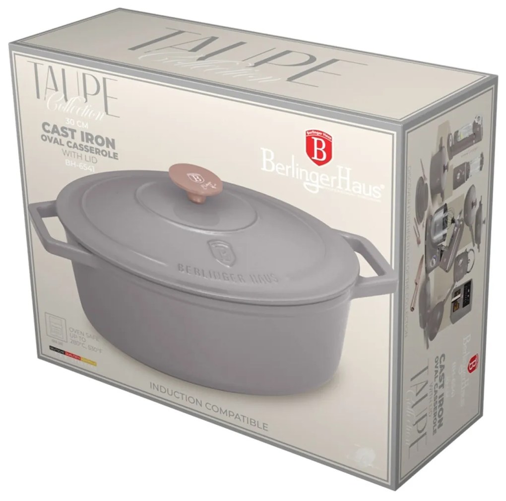 Oală din fontă emailată ovală cu capac 30 cm, 4.65L – Berlinger Haus Taupe Collection BH 6541, perfectă pentru cuptor, friptură și pâine