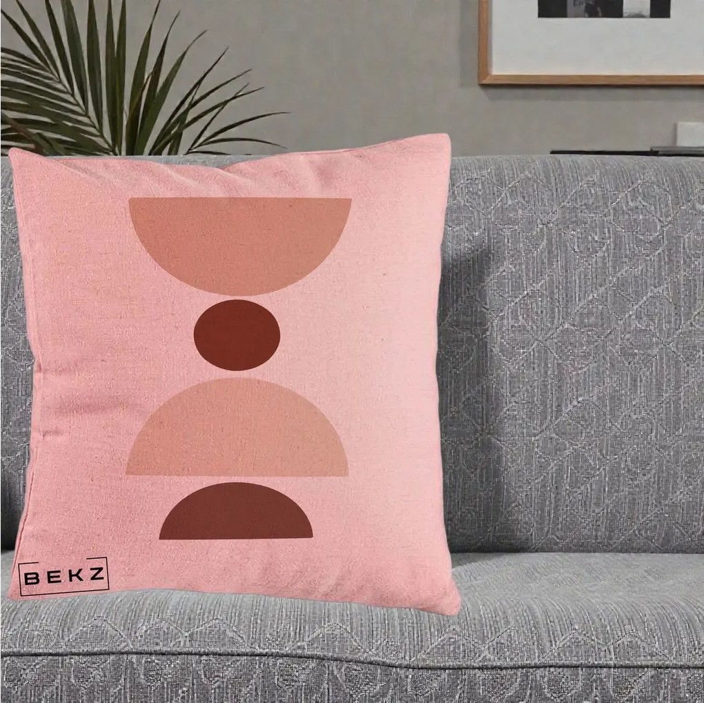 Perna Decorativa Geometric Boho Cerc si Boluri, 40x40 cm, Roz, Husa Detasabila, Perna Inclusa, BEKZ®