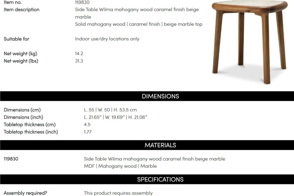 Masuta laterala LUX, Marmura, Lemn, Wilma