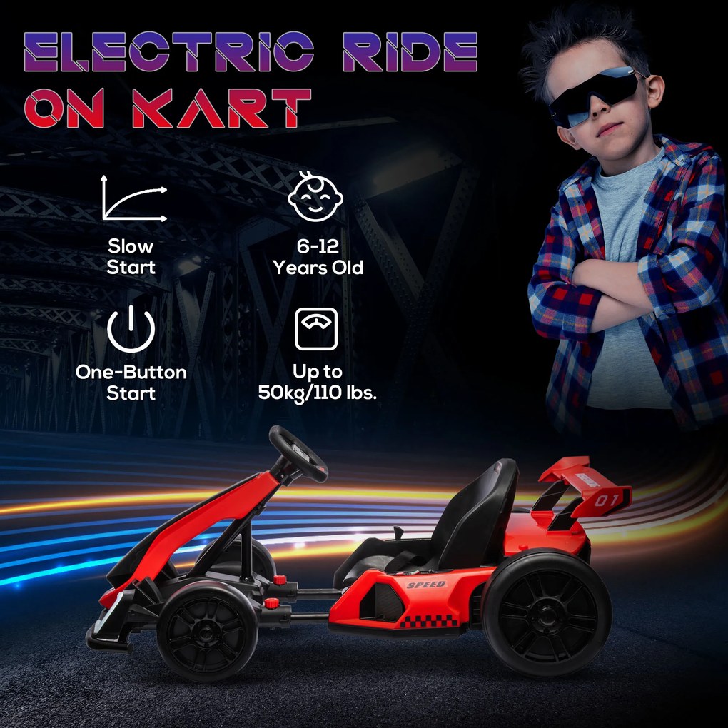 HOMCOM Go-Kart Electric pentru Copii cu Scaun Reglabil, 2 Motoare, Claxon, Lumini și Muzică, 120x76x53.5 cm, Roșu | Aosom Romania