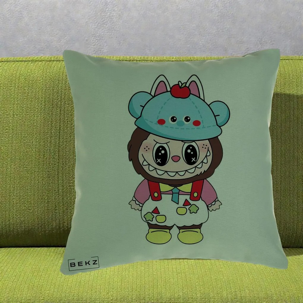 Perna Personalizata Labubu x Urs Albastru Colorat, 40x40 cm, Verde, Husa Detasabila, Perna Inclusa, BEKZ®