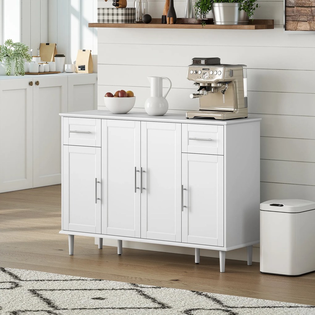 HOMCOM Mobilier de Sufragerie, Credență cu 2 Sertare și 3 Dulapuri cu Rafturi Reglabile, Comodă cu Picioare din Pin pentru Sala de Mese și Bucătărie, 120x38x86 cm, Alb | Aosom Romania