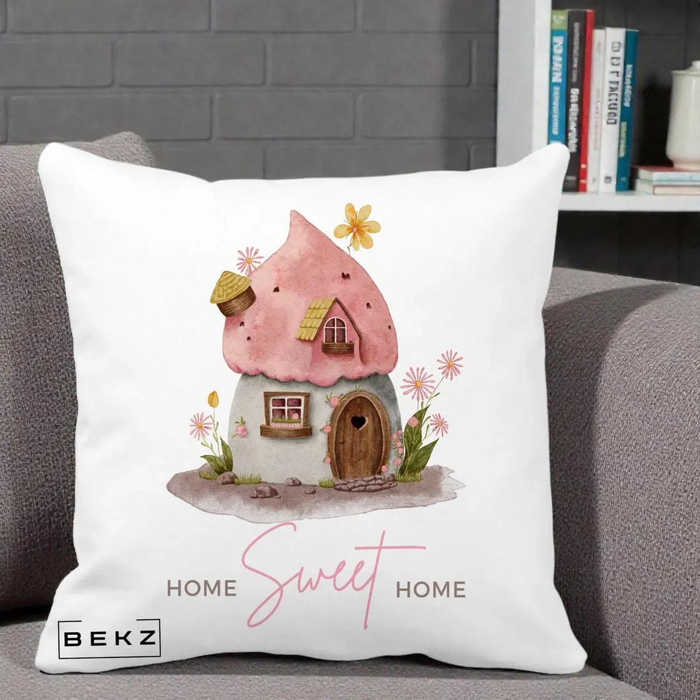 Perna Decorativa Home Sweet Home Casuta, 40x40 cm, Alba Mata, Husa Detasabila, Perna Inclusa, BEKZ®