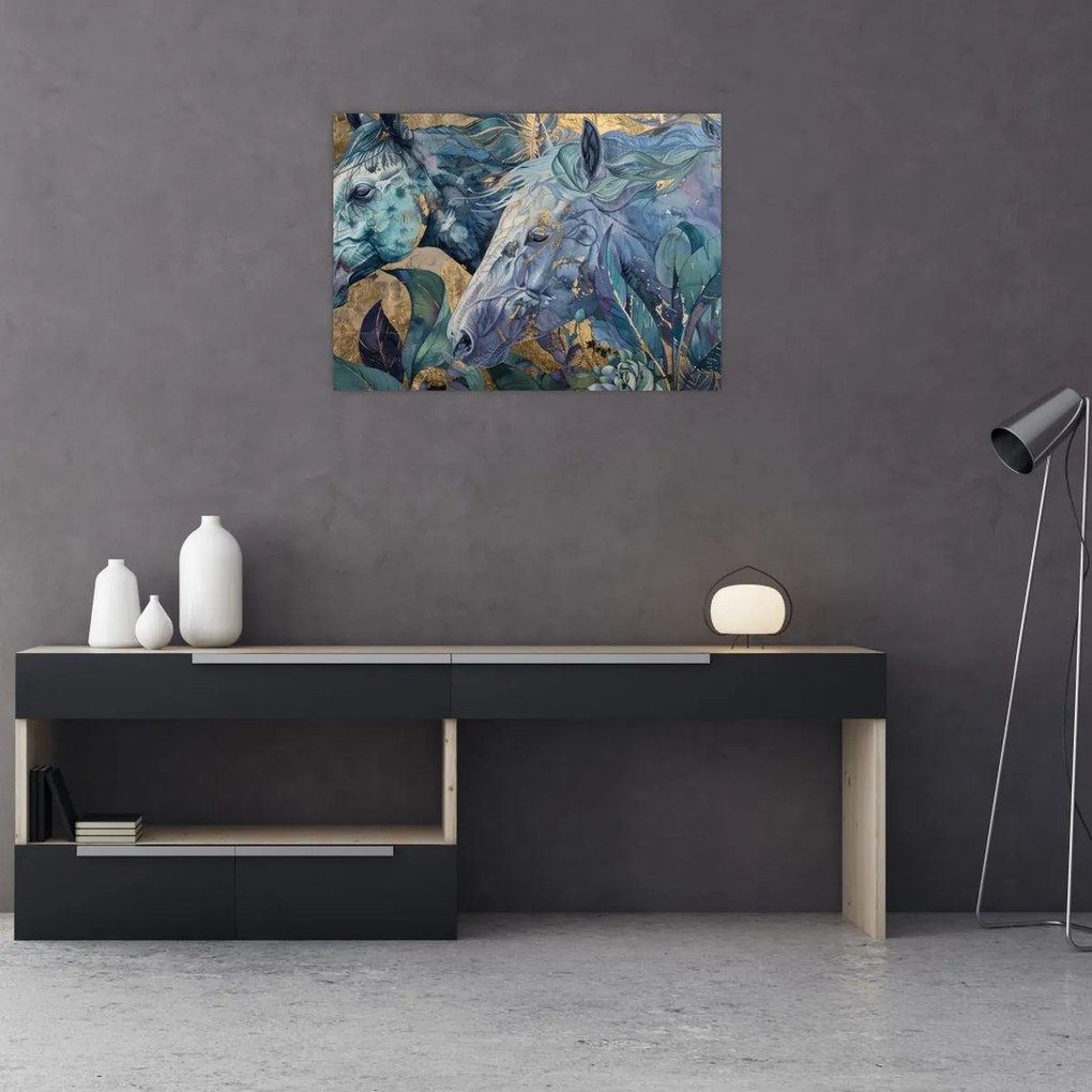 Tablou pe sticlă - Cai cu fundal auriu (70x50 cm)