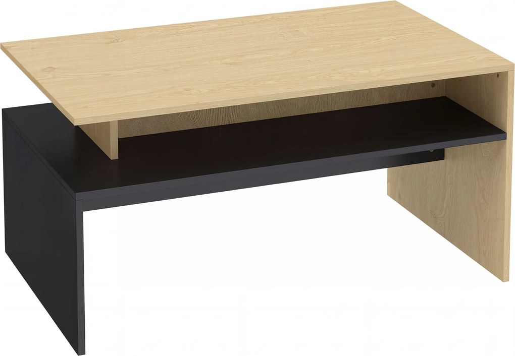 HOMCOM Masă de Cafea Modernă Bicoloră cu Niveluri Decalate și Poliță de Depozitare, 95 x 55 x 50 cm, Lemn Natural și Negru | Aosom Romania