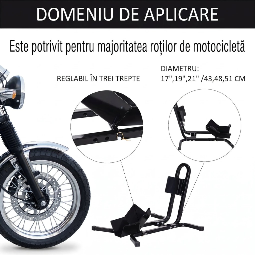 HOMCOM Suport pentru Motocicletă Reglabil pe 3 Nivele, Sistem de Blocare Roți Motocicletă în Metal cu Găuri, 60x55x43 cm, Negru