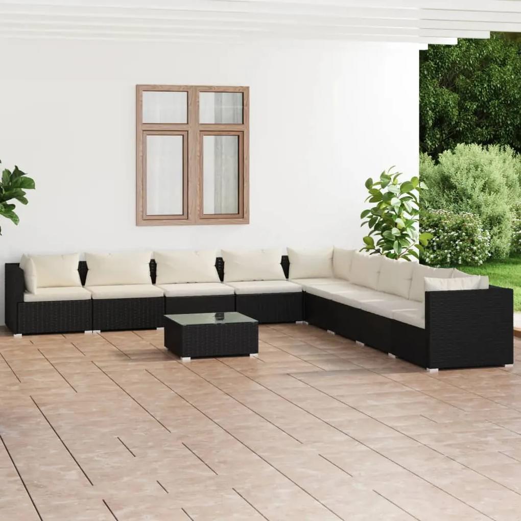 3101791 vidaXL Set mobilier de grădină cu perne, 10 piese, negru, poliratan