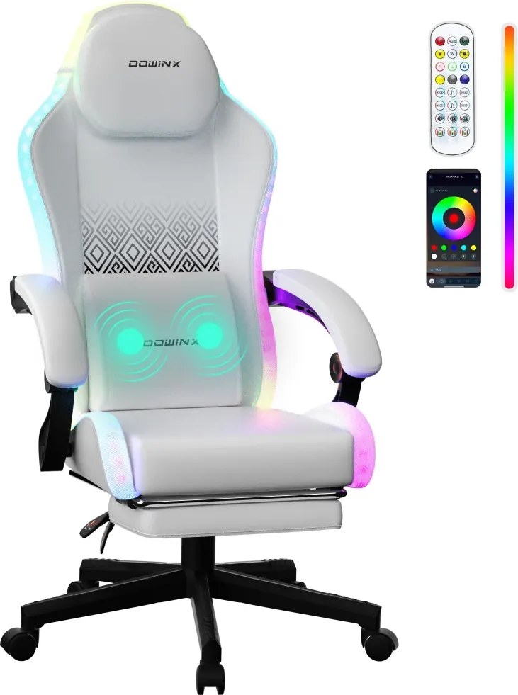 DOWINX 66LED03 - Scaun Gaming Ergonomic cu LED-uri RGB, Masaj in perna lombara, Șezut cu Arcuri Metalice și Spumă, Suport pentru picioare, Rabatabil 90°–135°, Rezistent 136 kg, Alb