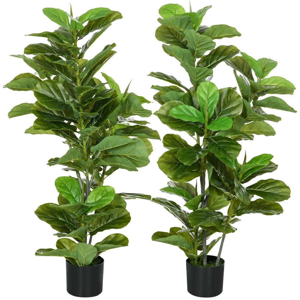 HOMCOM, Set de 2 plante artificiale Ficus Lyrata, arbori artificiali cu ghiveci inclus, înălțime 110 cm, verde | Aosom Romania