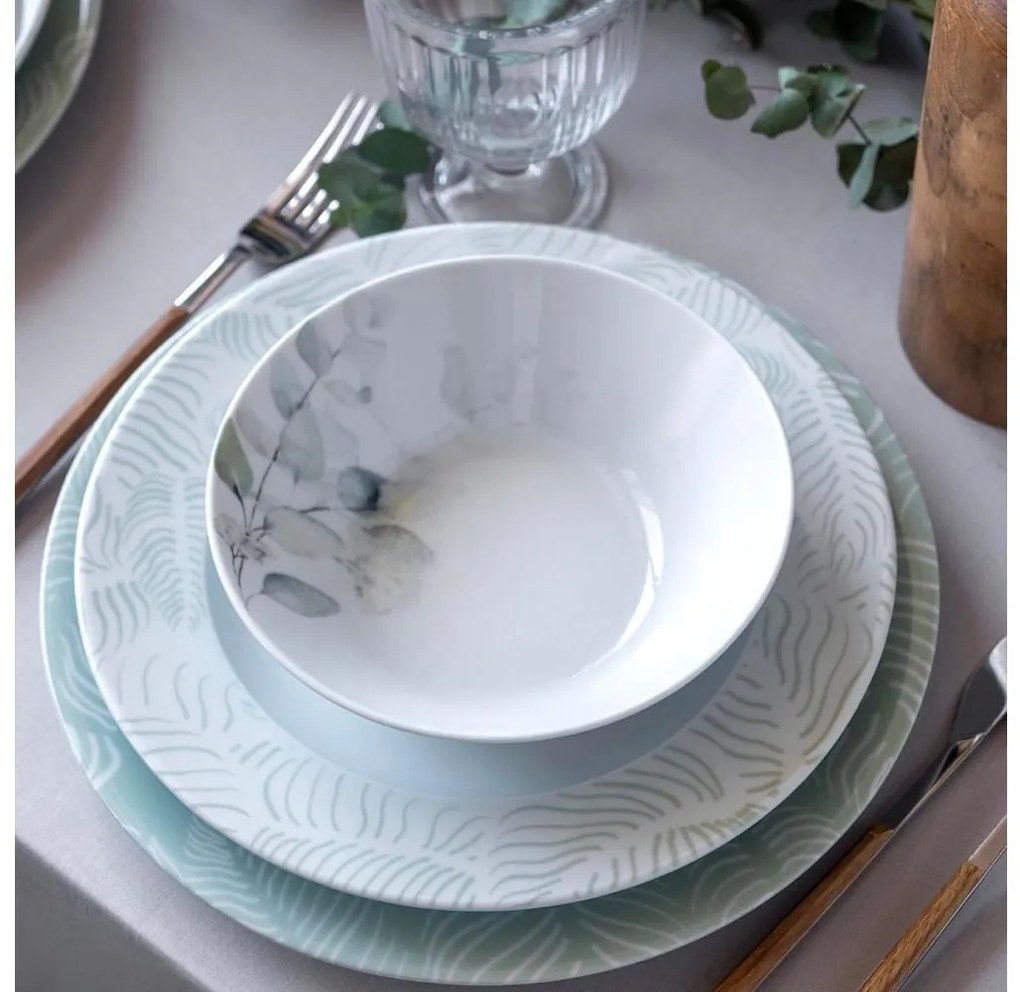 Set de veselă 24 piese, din porțelan, alb/verde