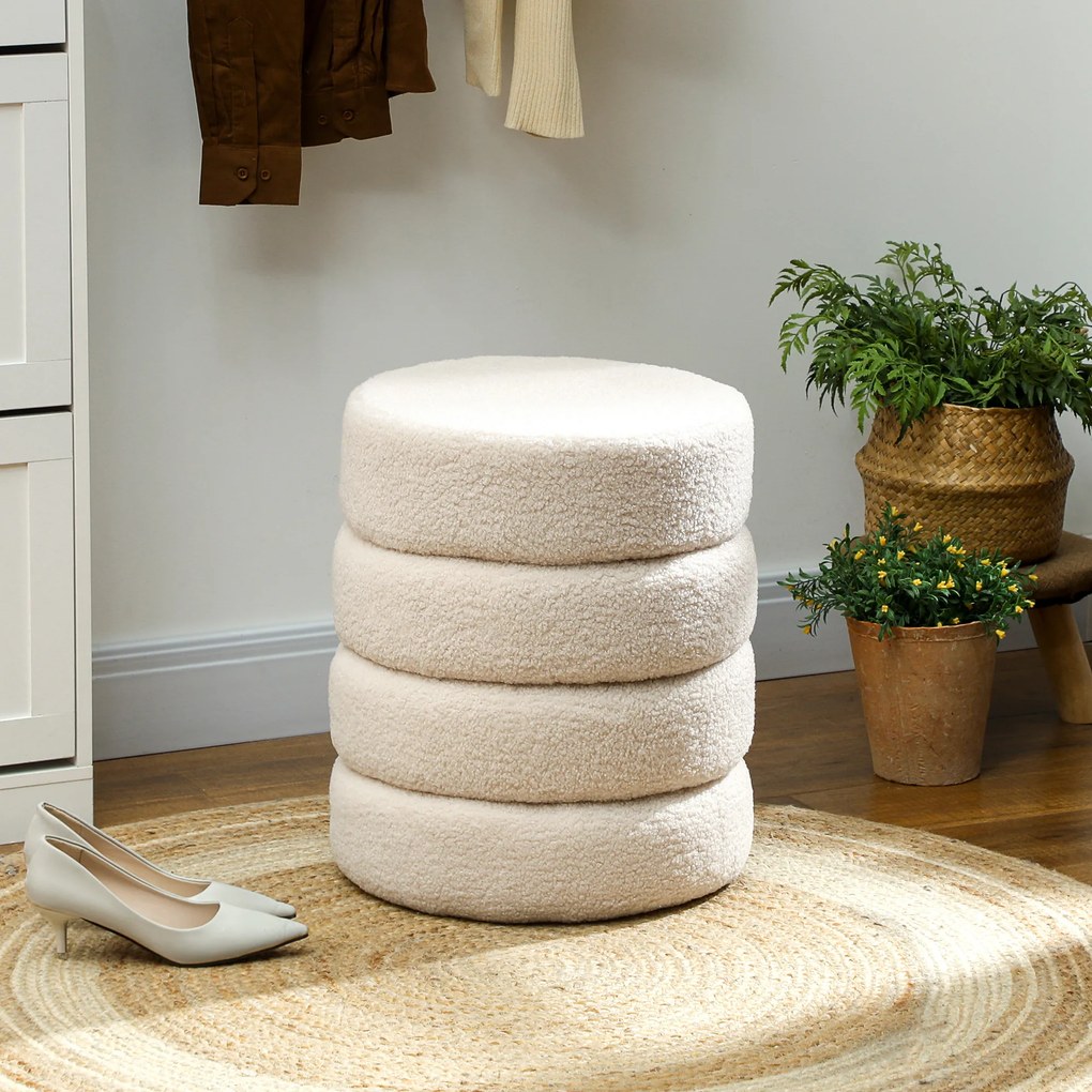 HOMCOM Taburet, rotund, teddy-fleece, până la 120kg, Φ40x45H cm, Bej | Aosom Romania