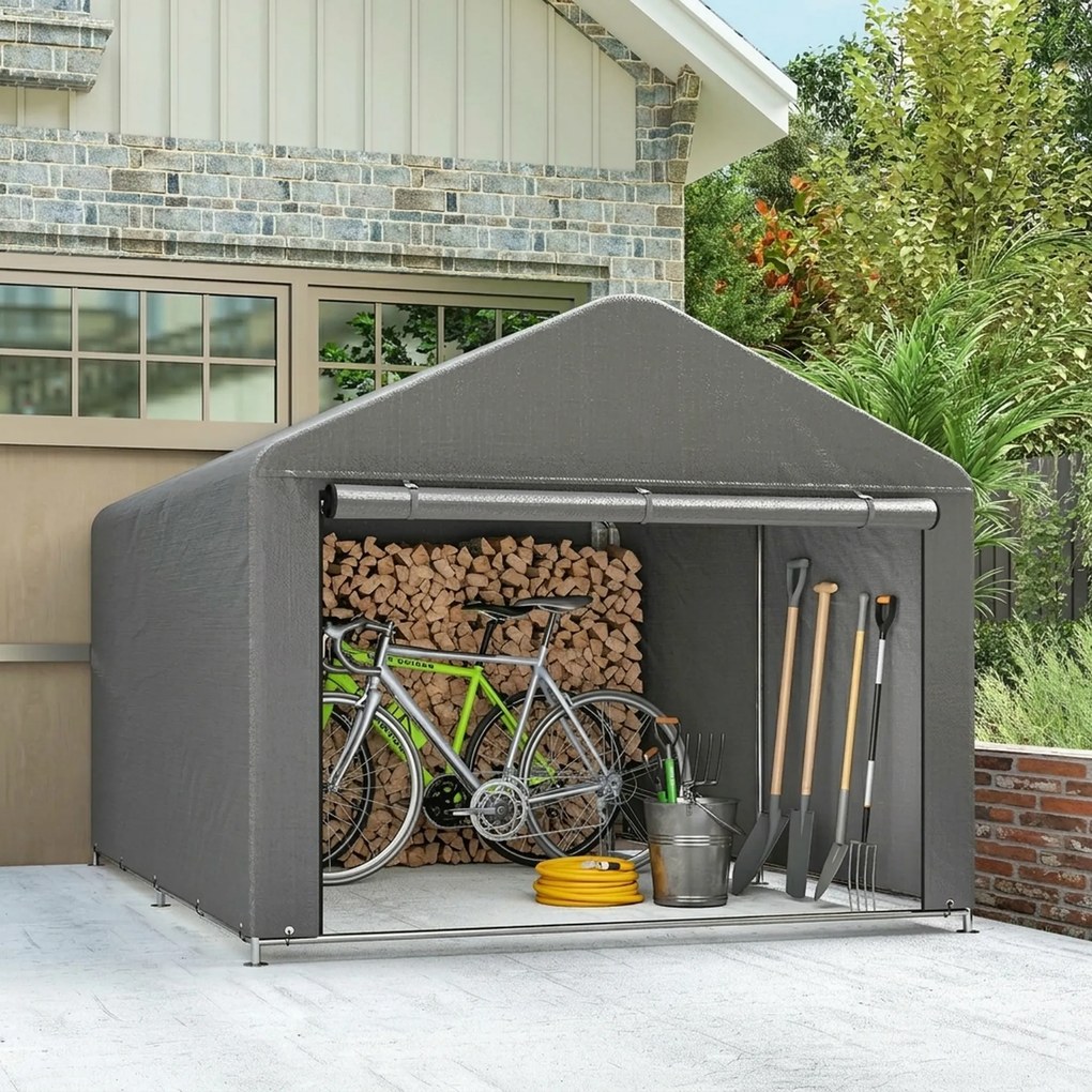 Outsunny 2x2.4 m Cort pentru Depozitare în Grădină, Cort Garaj cu Acoperire Impermeabilă, Ușă Rulabilă cu Fermoar, pentru Biciclete și Unelte, Metal Zincat, Gri Deschis | Aosom Romania