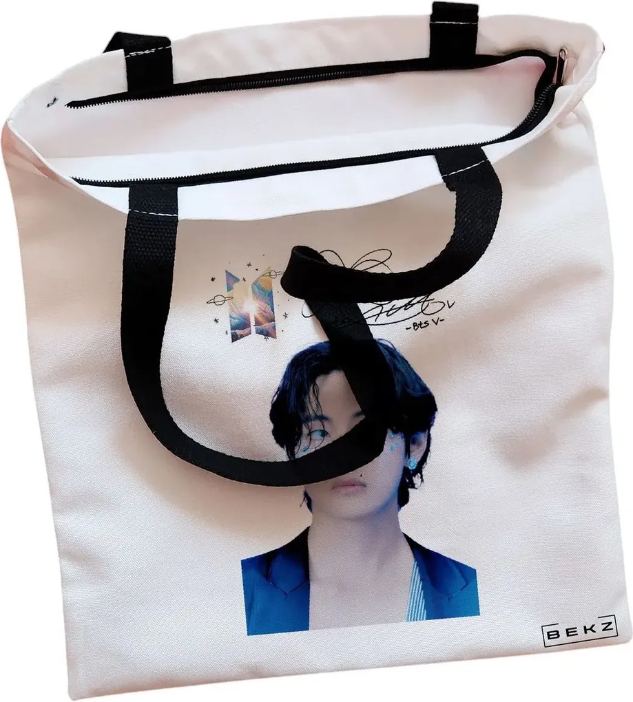 Sacosa de Panza pentru Cumparaturi, Geanta Tote, model BTS V, Cu fermoar, 38x34.5 cm, Alba, BEKZ®