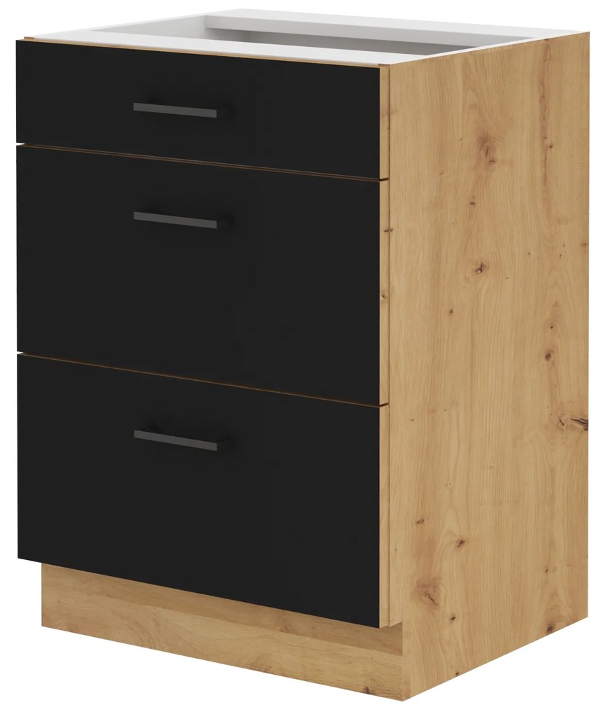 Dulap inferior de bucătărie cu sertare Miraluna (Stejar artisan + Negru mat). 1062359