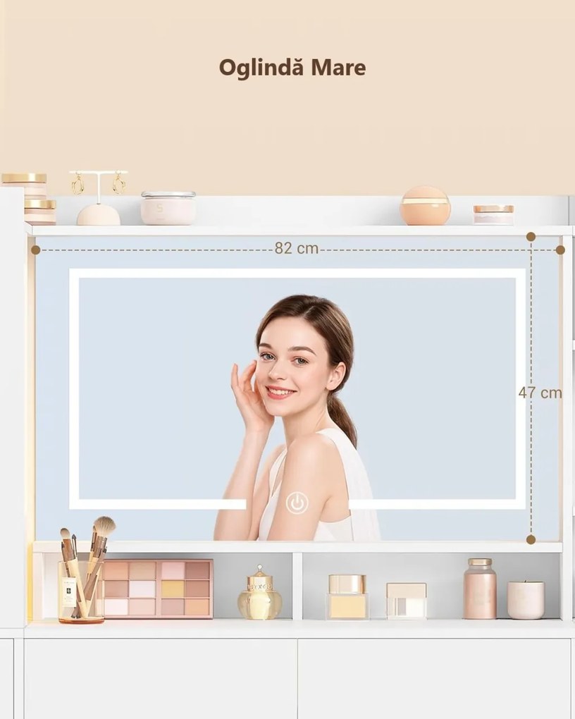 Masuta de machiaj 140 cm, cu Oglinda LED si 10 Sertare pentru Cosmetice, Set Masa toaleta Alba, masuta cosmetica, vanity cu dulapior si rafturi -