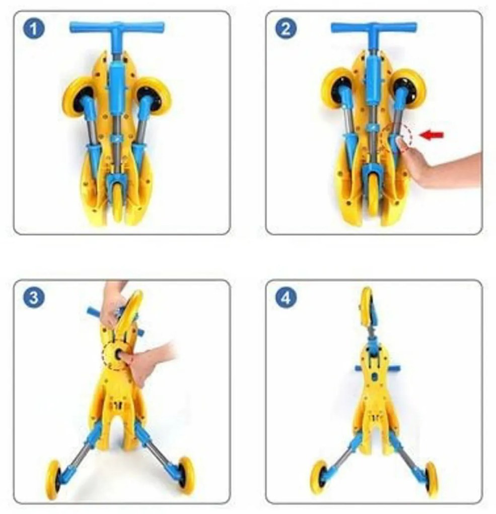 Trotineta pliabila pentru copii NOVOKIDS™ Scuttle Bug, Cadru metalic, 1-4 ani, maxim 20 kg, 3 roti din silicon, Stabilitate mare, Albastru