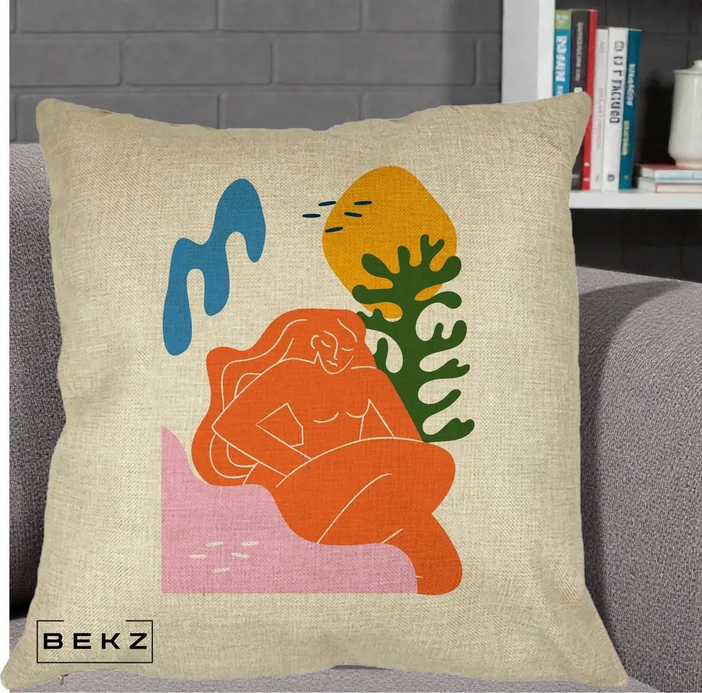 Perna Decorativa Femeie Portocalie Relaxata, 40x40 cm, Crem, Husa Detasabila, Perna Inclusa, BEKZ®