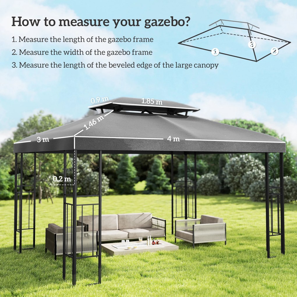 Outsunny Prelată de schimb 4x3 m cu acoperiș dublu Orificii de scurgere și protecție UV Doar prelată NU include cadru Gri închis | Aosom Romania