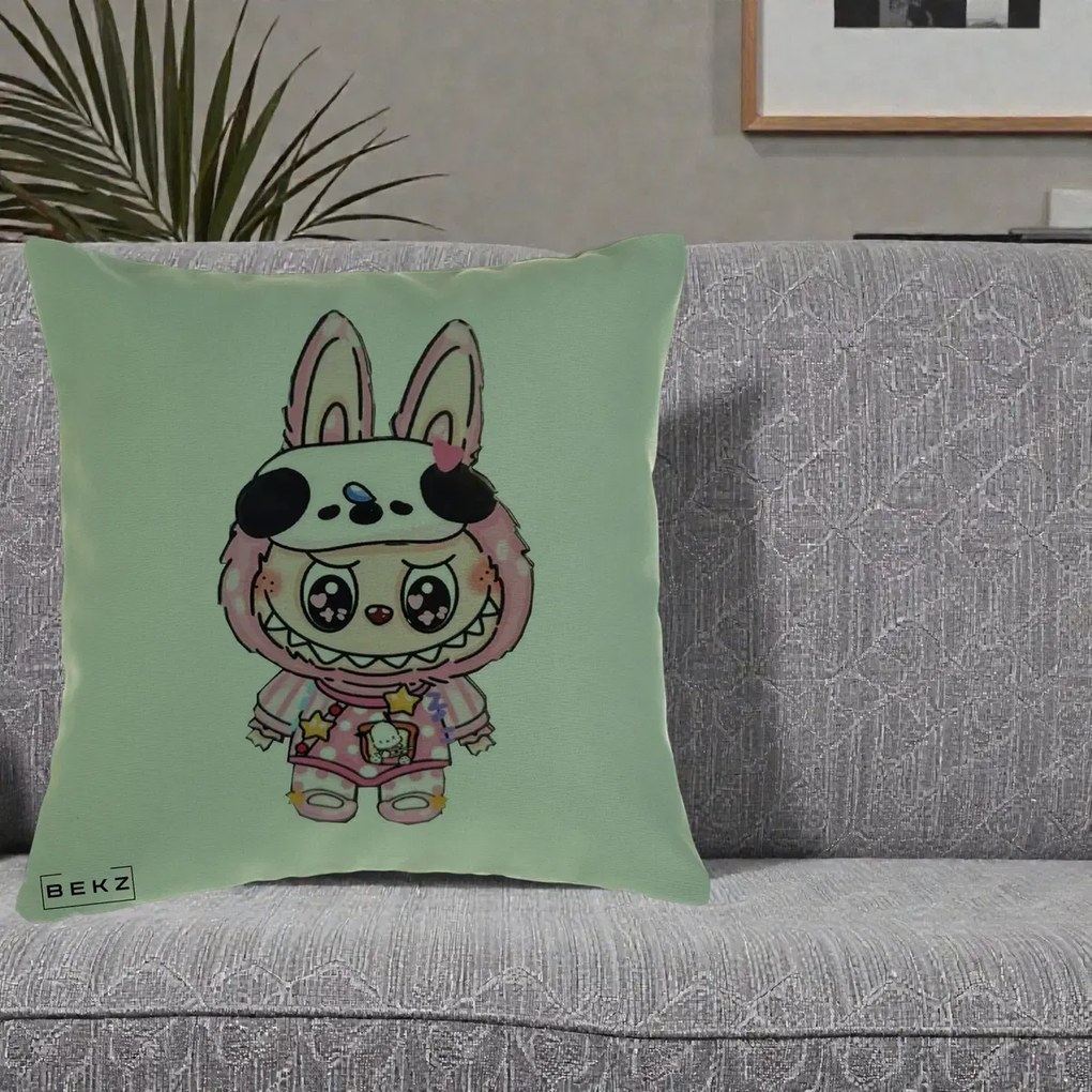 Perna Personalizata Labubu Panda-Bunny Roz, 40x40 cm, Verde, Husa Detasabila, Perna Inclusa, BEKZ®