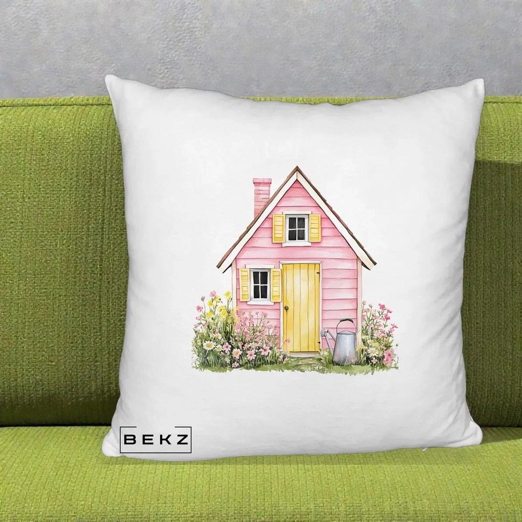 Perna Decorativa Casuta Roz Acuarela cu Gradina, 40x40 cm, Alb Pufos, Husa Detasabila, Perna Inclusa, BEKZ®