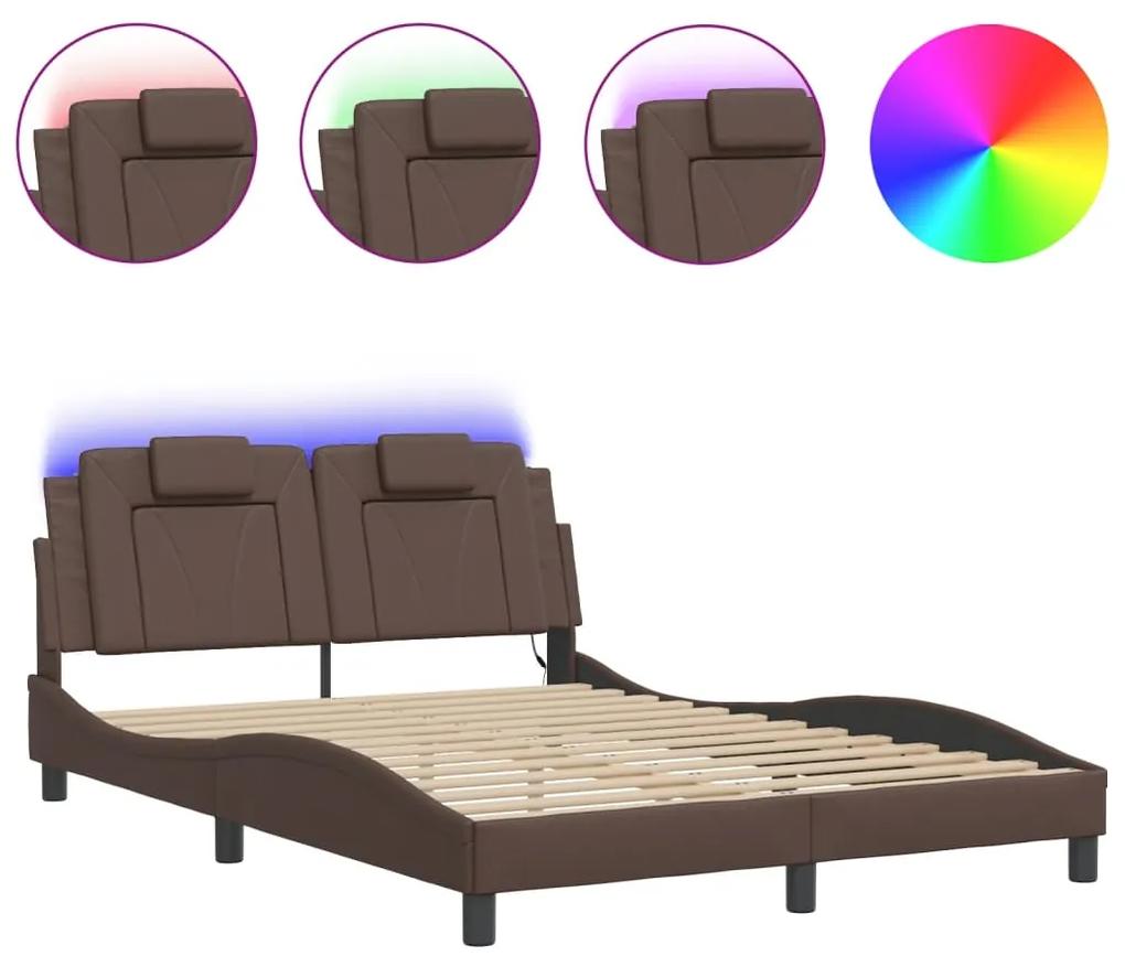 3214024 vidaXL Cadru de pat cu lumini LED, maro, 140x200 cm, piele ecologică