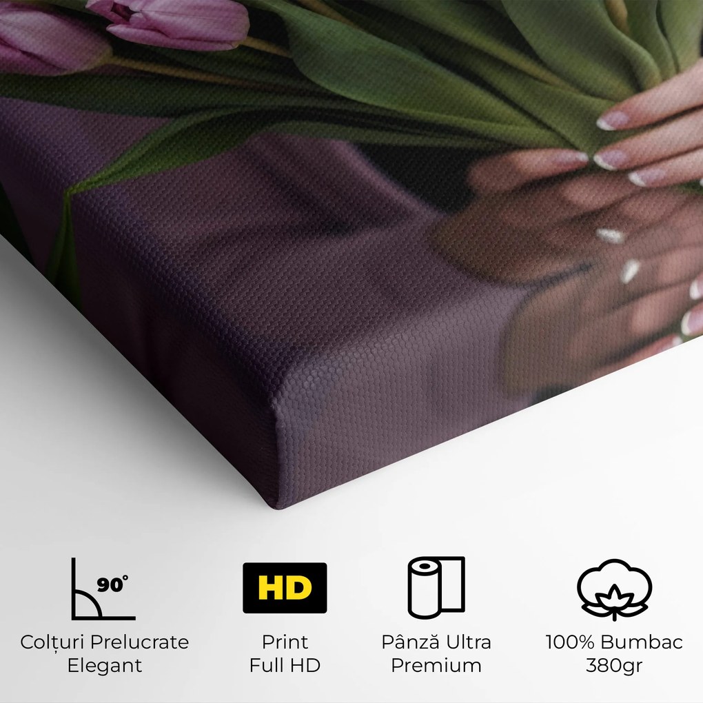 Tablou Canvas, 90x140cm, Dormitor si Living, Flori, Lalele, Holding Pink Tulips