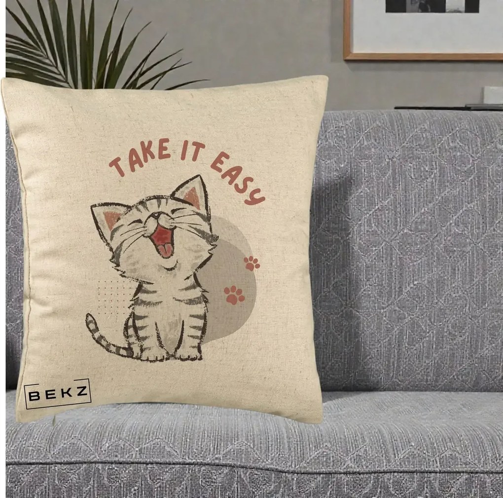 Perna Personalizata Take It Easy Cat, 40x40 cm, Bej, Husa Detasabila, Perna Inclusa, BEKZ®