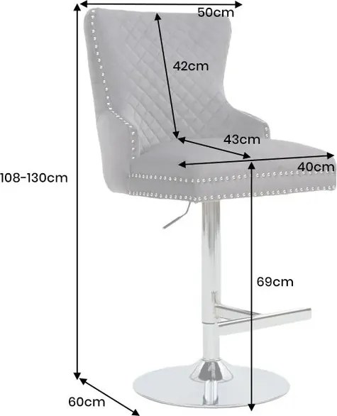 Set de 2 scaune de Bar Stil Baroc, Catifea, Gri, Metal, Argintiu, Castle
